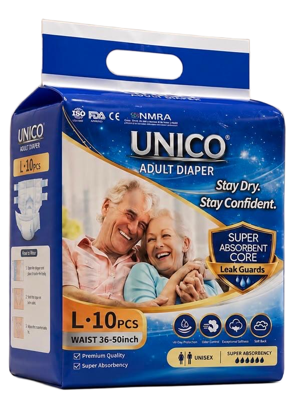 Unico Adult Diaper Size L — 10 pcs, Waist 36-50 inch