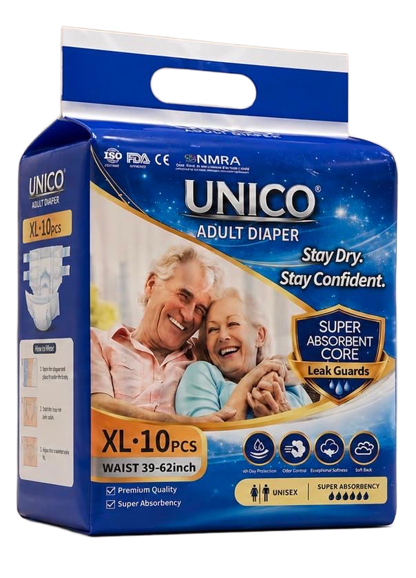 Unico Adult Diaper Size XL — 10 pcs, Waist 39-62 inch